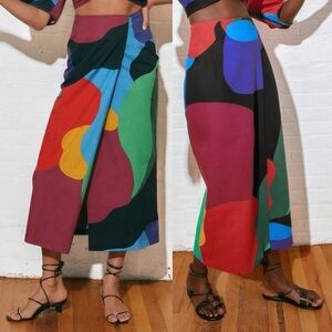 MARA HOFFMAN Sunja Colorblock Midi Skirt Women’s 10 Faux Wrap Multicolor Hemp